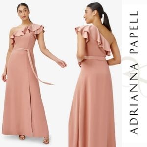 Satin One-Shoulder Ruffled Long Gown in Toffee | Adrianna Papell NEW Prom